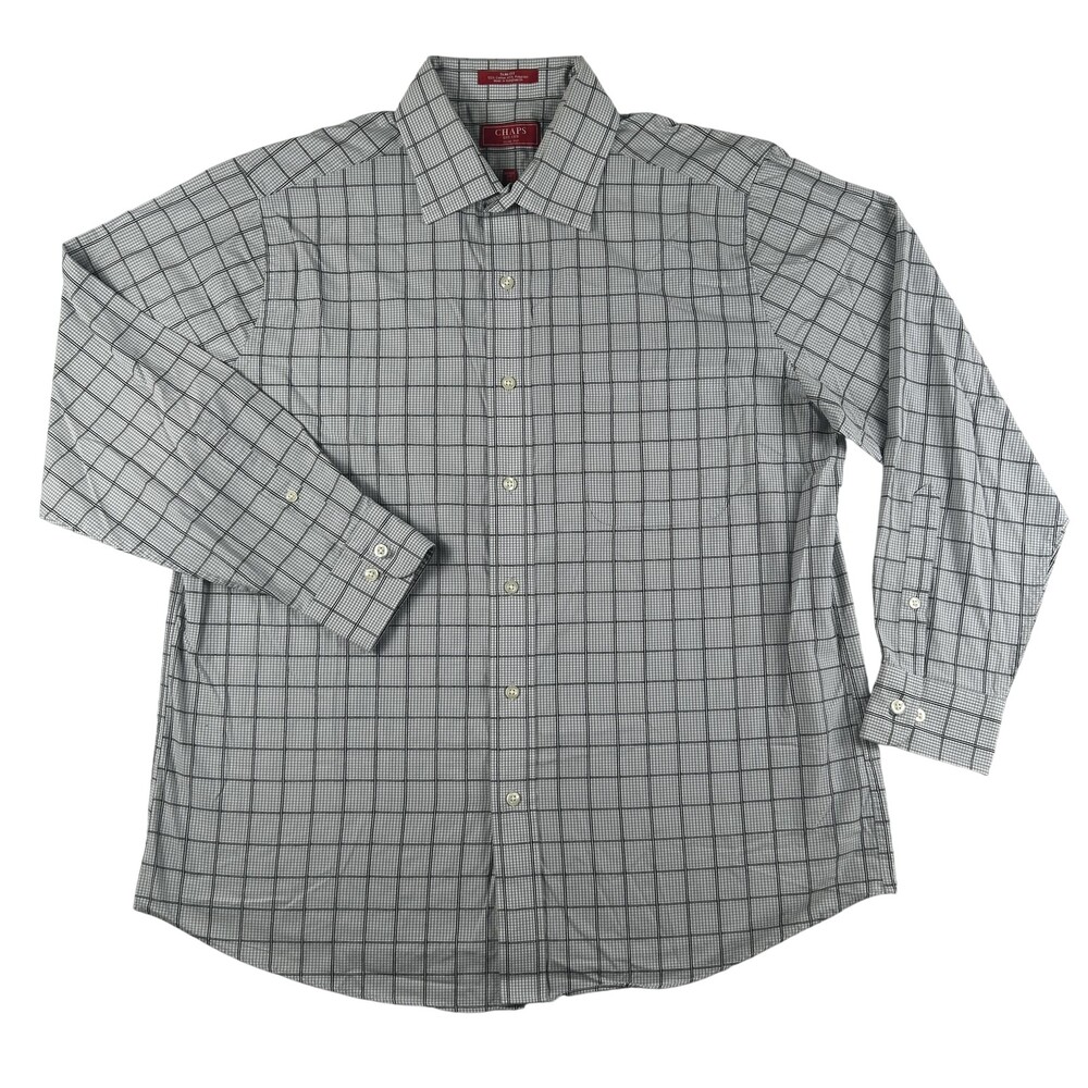 Chaps Dress Shirt Mens 16.5 32/33 Gray Check Slim Fit Wrinkle Free Cotton Poly